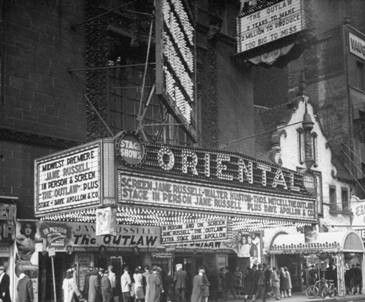 Chicago's Oriental Theater in the 1940s showing the Jane Russell film, The Outlaw