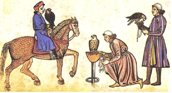 Medieval falconry: falconers with horse