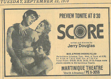 Vintage newspaper ad for the play Score, September 22 1970