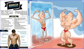 Illustration of bigorexia: a muscular man looking in the mirror and seeing a skinny man
