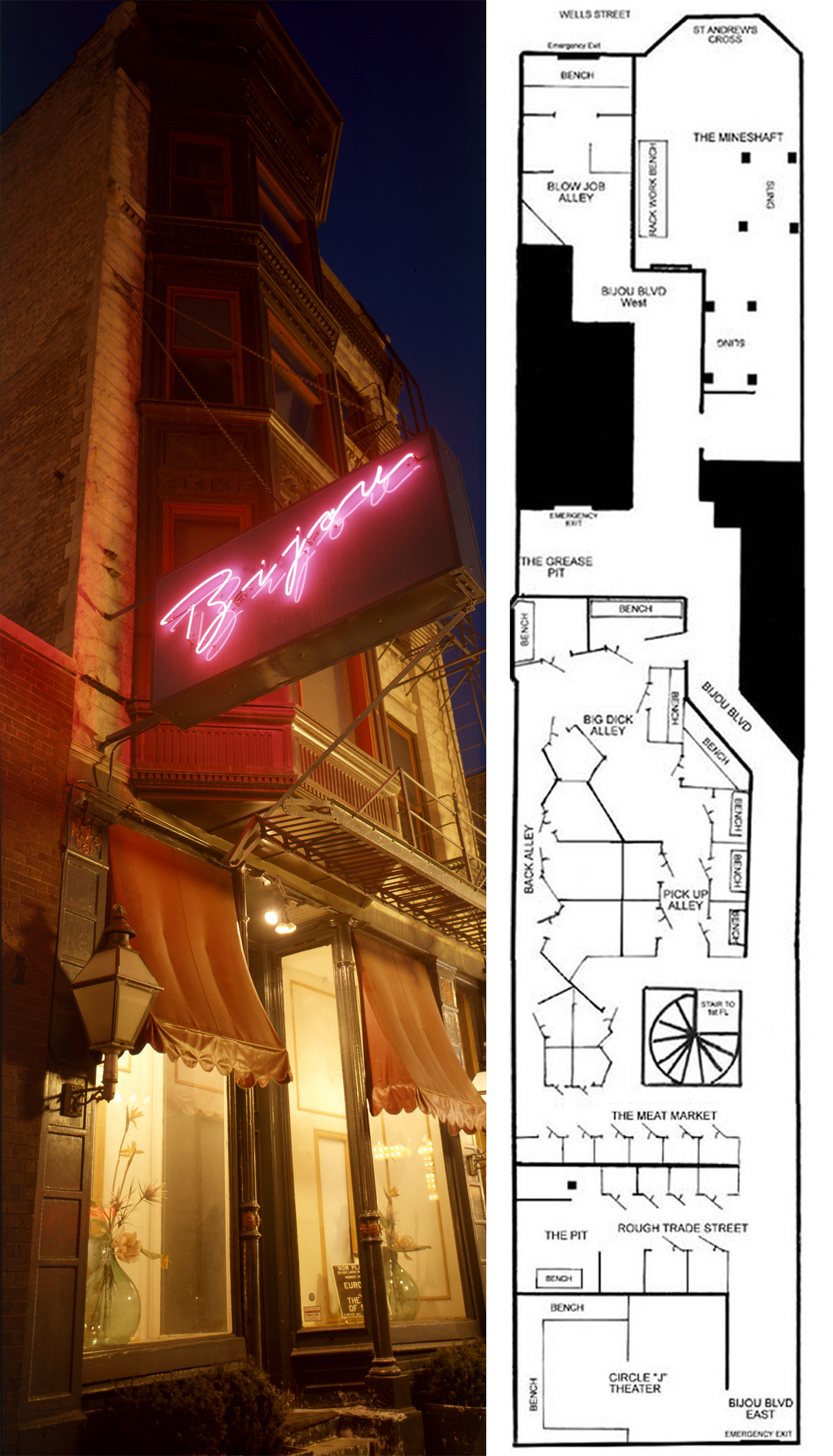 Bijou exterior and upstairs map