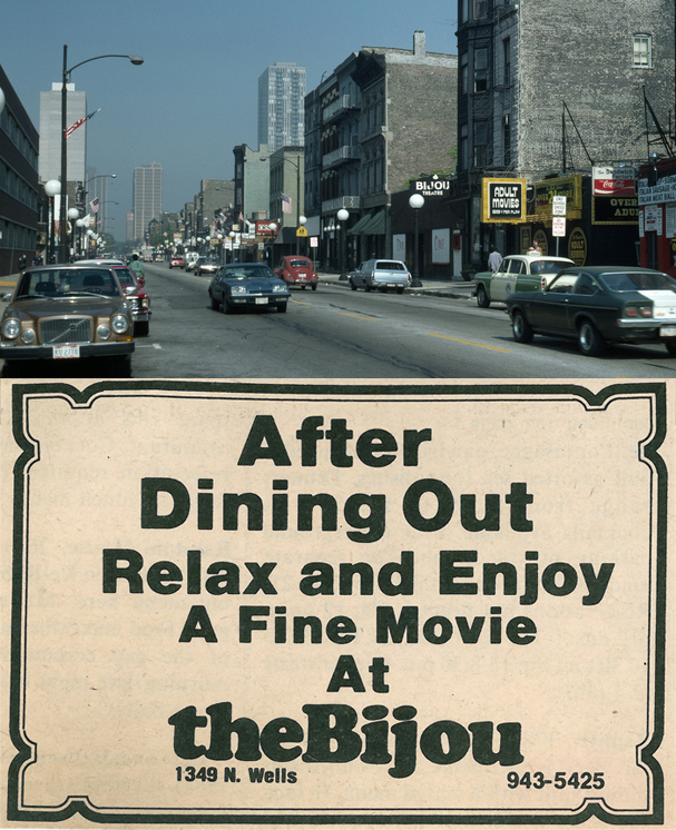 Wells Street in 1976 and 1970s Bijou Theater ad