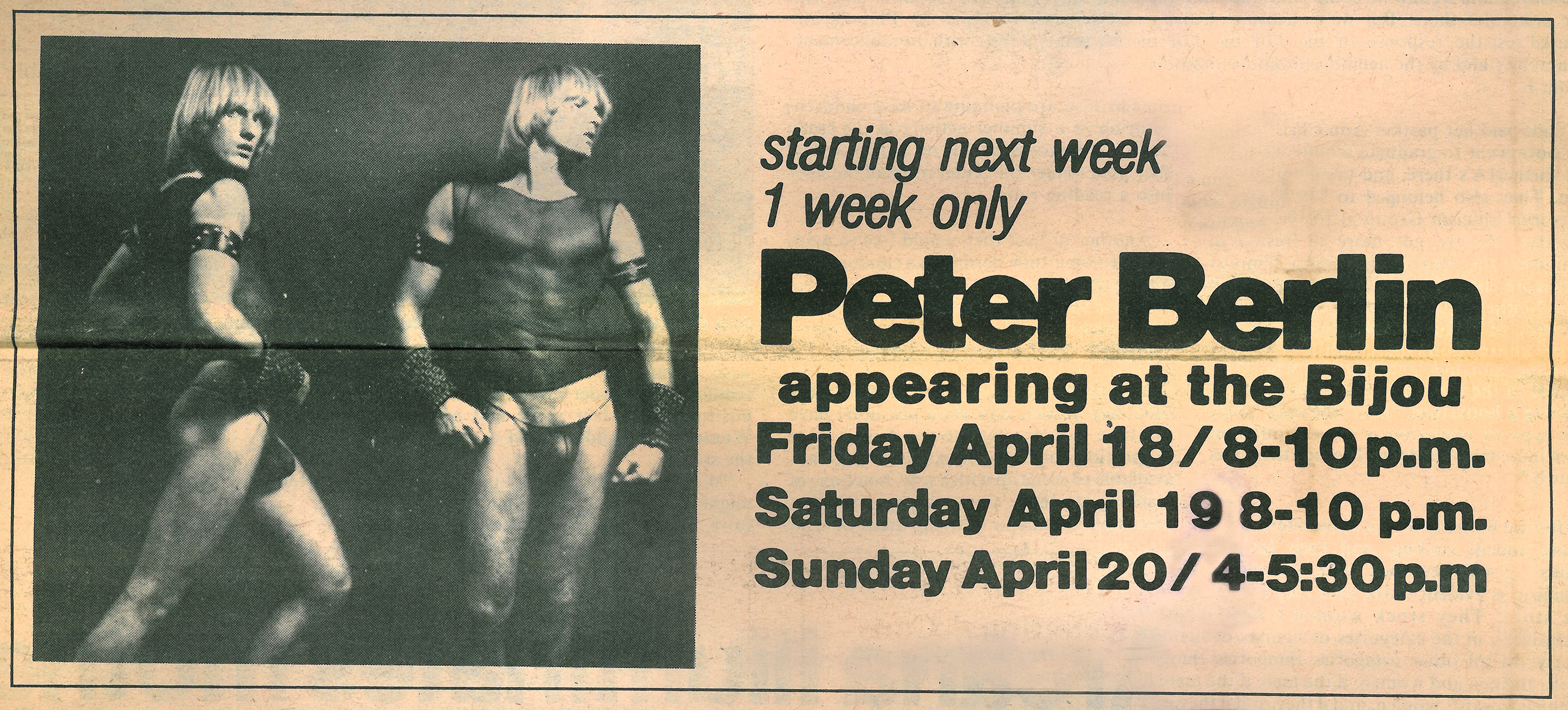 Ad for live appearances by Peter Berlin at the Bijou Theater