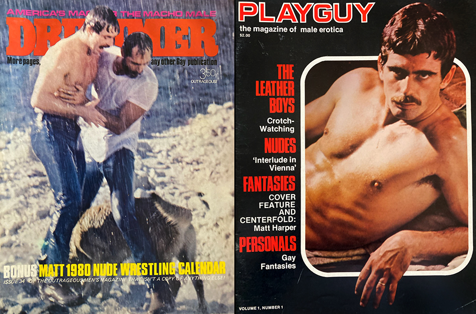 Will Seagers & Richard Locke on the cover of Drummer in an image from Joe Gage's L.A. Tool & Die (left); Will Seagers on the cover of Playguy Vol. 1, No. 1 (right)