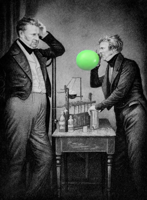 Michael Faraday blowing up a balloon
