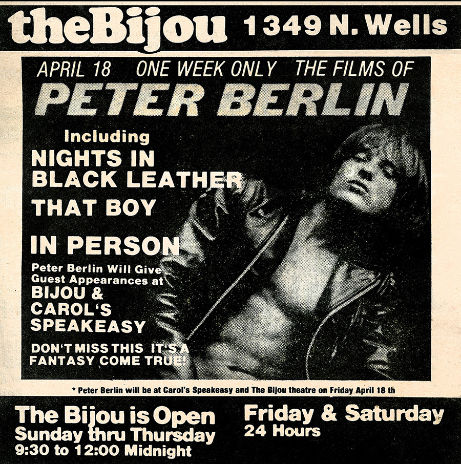 Ad for a live appearance by porn star Peter Berlin at the Bijou Theater