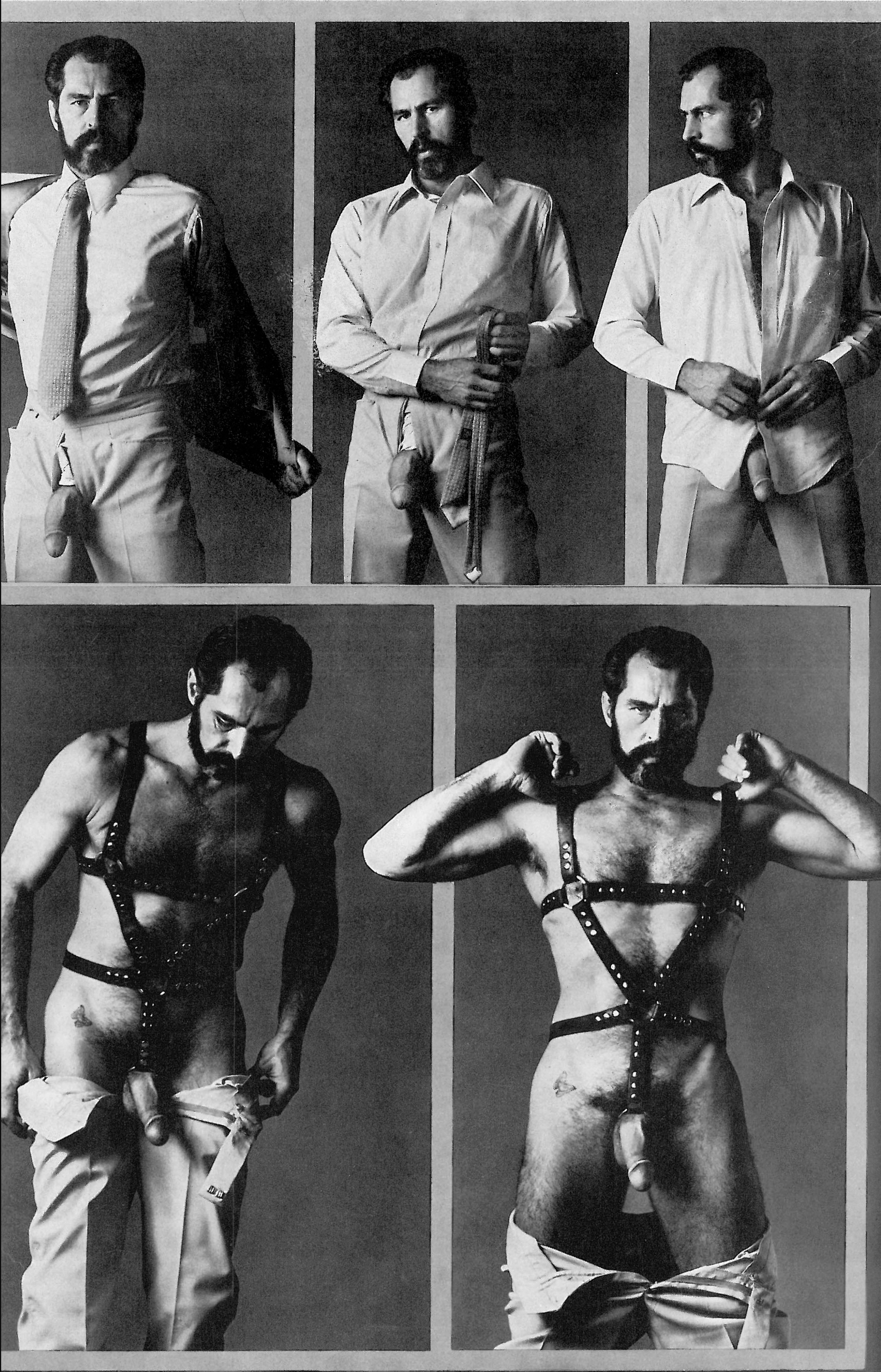 Photospread of Richard Locke stritease from suit and tie to leather harness
