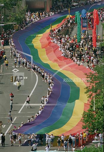 Giant rainbow banner, Pride/Stonewall 25 parade, NYC