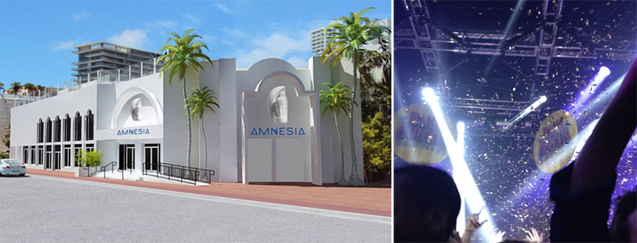 Daytime exterior of Club Amnesia and interior lights and crowd