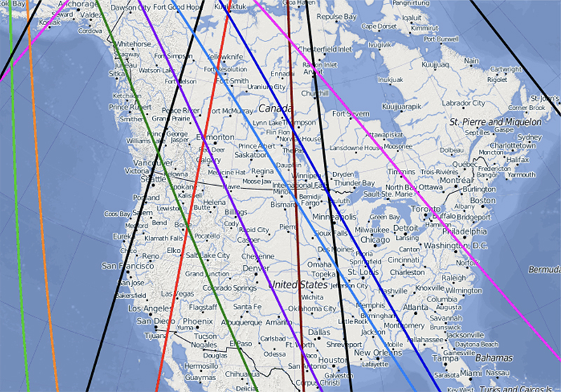 Map of the U.S. and Canada with many brightly colored lines across it in different directions