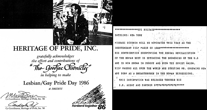 Thank you from Heritage of Pride to The Goodjac Chronicles for their 1986 event and text of a press notice about Goodwin receiving a 1988 Independent Filmmaker of the Year award