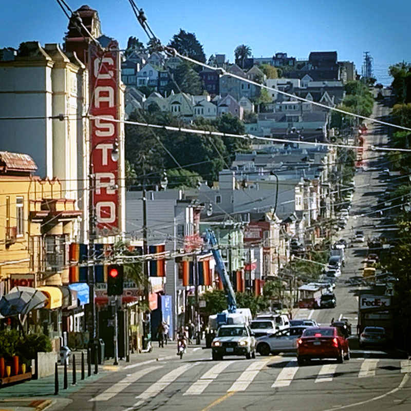 Castro Theatre sign and hill view in the Castro District, San Francisco