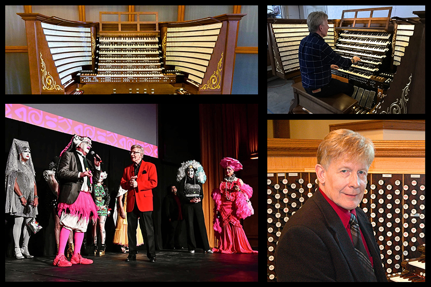 The Castro Theatre's new organ with organist David Hegarty and him receiving an award from the Sisters of Perpetual Indulgence