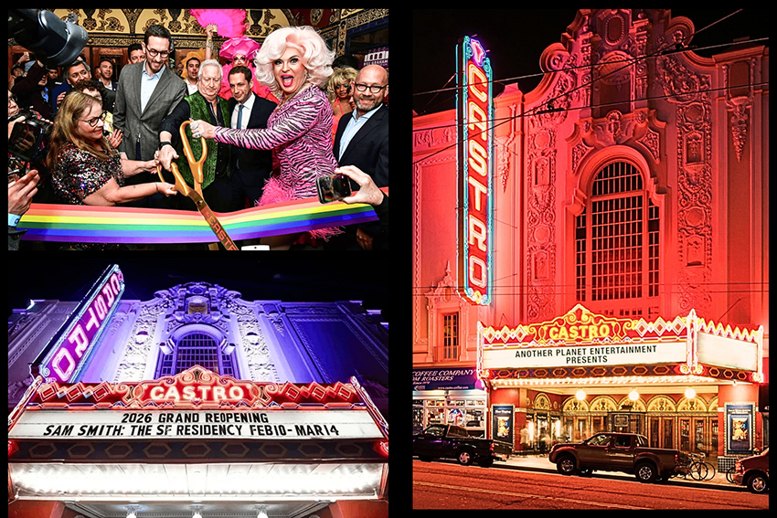 Exterior of the renovated Castro Threatre lit up at night and people gathered at its ribbon cutting
