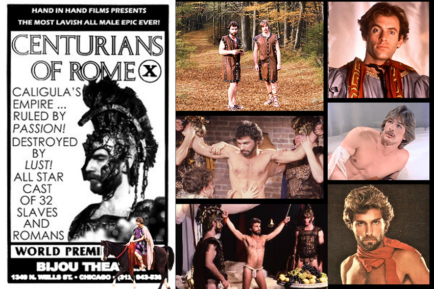 Montage of images from Centurians of Rome - its poster, on set photos, stills, and stars Eric Ryan, Scorpio and George Payne
