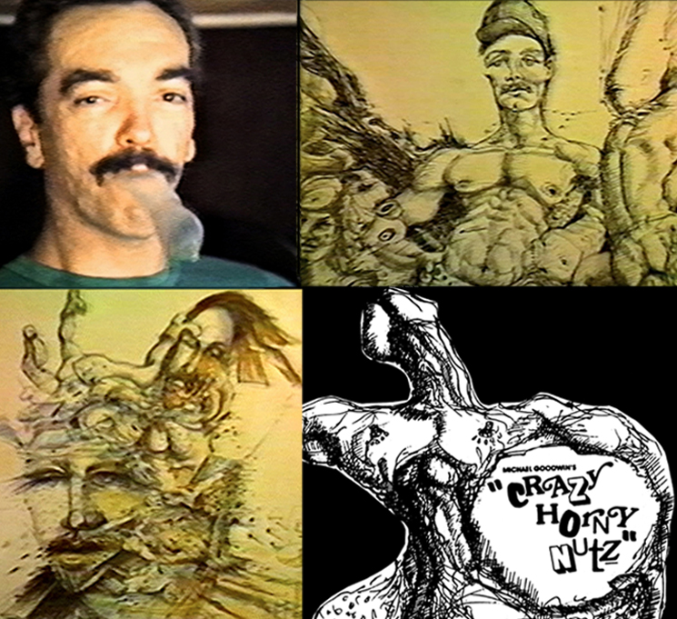 Goodwin blowing up a condom in Crazy Horny Nutz and some of his drawings featured in that movie