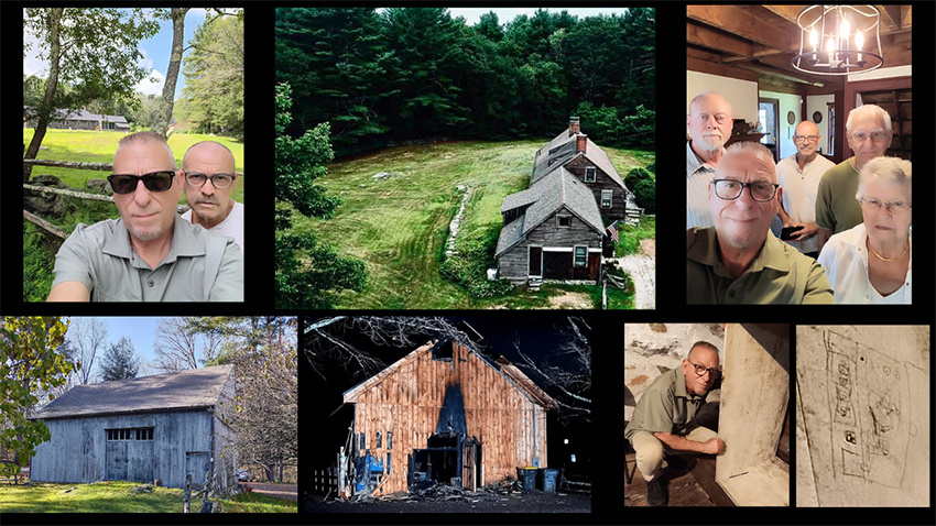 Conjuring House behind us, aerial shot, my spooked out family, the barn & in the basement near Crooked Man drawing