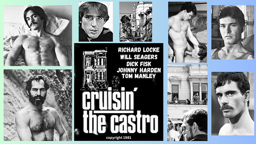 The handsome cast of Cruisin' the Castro, plus title with Victorian building imagery
