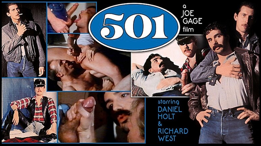 Screenshots and publicity photos of Daniel Holt, Jim West and others in Joe Gage's film 501