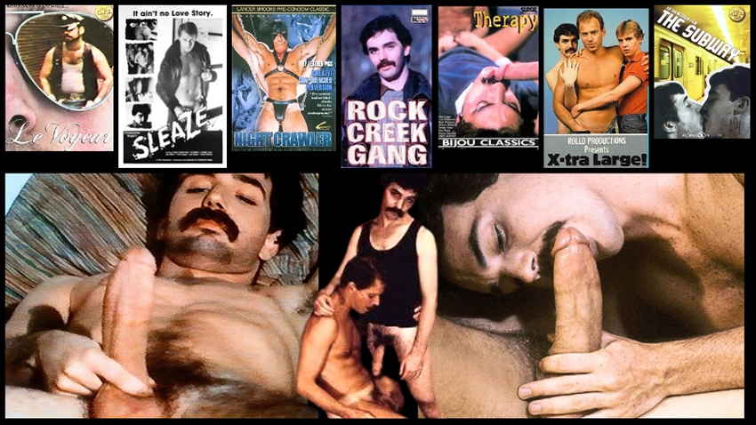 Daniel Holt alongside box covers and posters from his movies Le Voyeur, Sleze, Nightcrawler, Rock Creek Gang, Therapy, X-tra Large, and The Subway