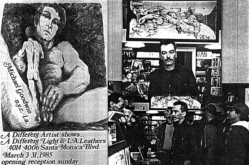 Flyer for gallery show at A Different Light and L.A. Leathers, with gallery opening photos of Goodwin