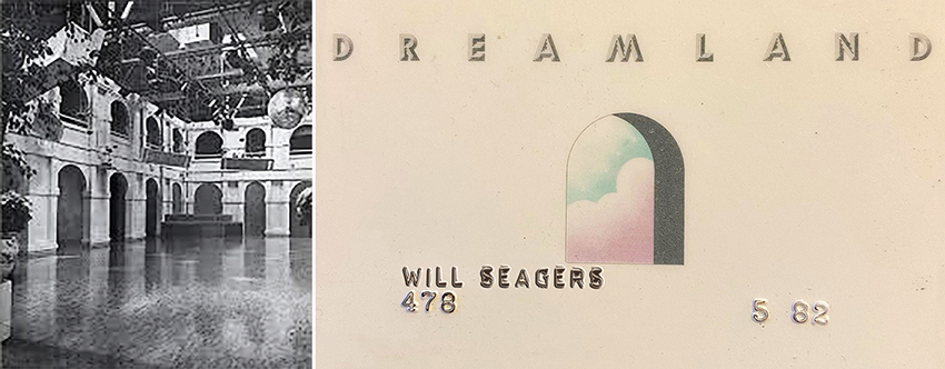 Dreamland interior with columns, large dancefloor and mirror ball plus Will Seagers' original Dreamland membership card