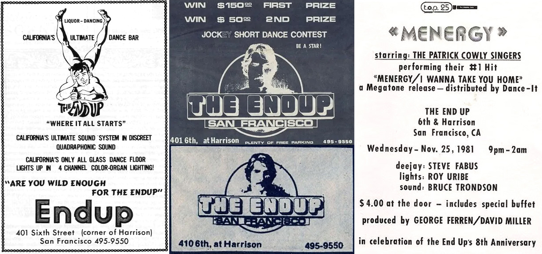 End Up ads including a flyer for its 8th Anniversary party (1981) featuring Steve Fabus with producer George Ferren