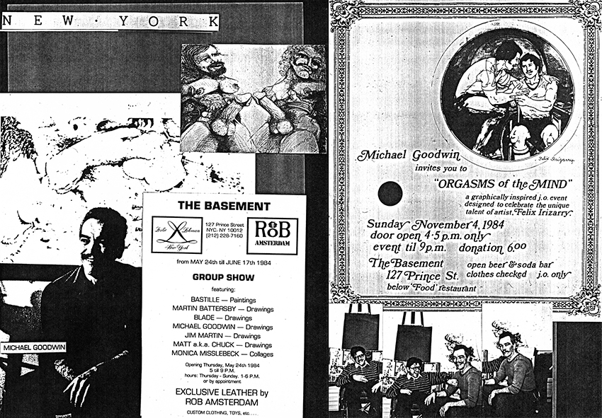 Flyers for Goodwin's group art show at NYC's The Basement and a J.O. party in honor of a fellow artist