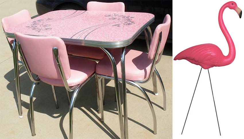 Pink formica table with four pink chairs and a pink lawn flamingo