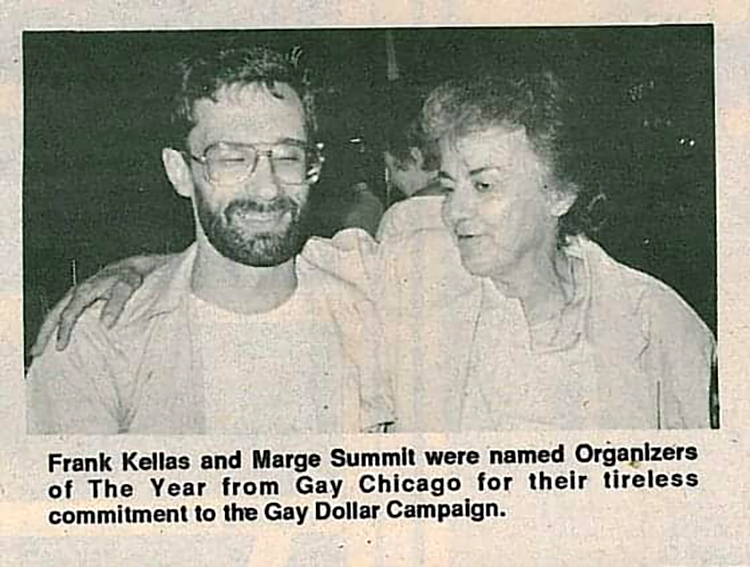 Frank Kellas and Marge Summit in newspaper photo, cited as being named as Organizers of the Year from Gay Chicago for their commitment to the Gay Dollar Campaign