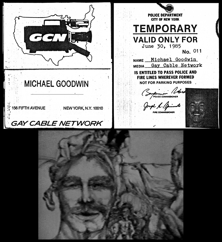 Gay Cable Network logo and set pass for Michael Goodwin, still of Goodwin sketch in the Men and Films intro