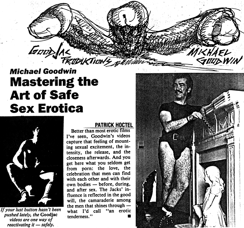 A Goodwin sketch, photo of Goodwin on the Goodjac Chronicles set, magazine headline, caption, and review of Goodjac