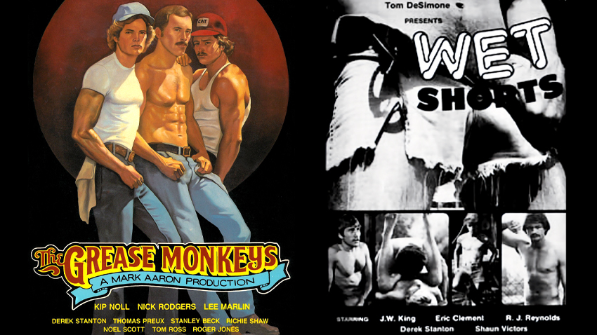 Vintage box cover art for Mark Aaron's Grease Monkeys & vintage poster for Tom DeSimone's Wet Shorts
