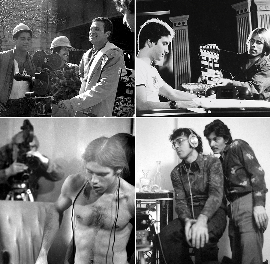 Cast and crew on Hand in Hand sets: Mark White, Roger, Jack Deveau, and Kees Chapman while filming Sex Magic (top L); performer/crew regular Sydney Soons, aka Mark Woodward, slating by A Night at the Adonis star Chris Michaels (top R); Hand in Hand co-foudner, with Jack and Bob, Jaap Penraat filming Soons/Woodward and Kirk Luna in Drive (bottom L); sound man Rolf Pardula and production assistant Jim Delegatti while filming Hot House (bottom R)