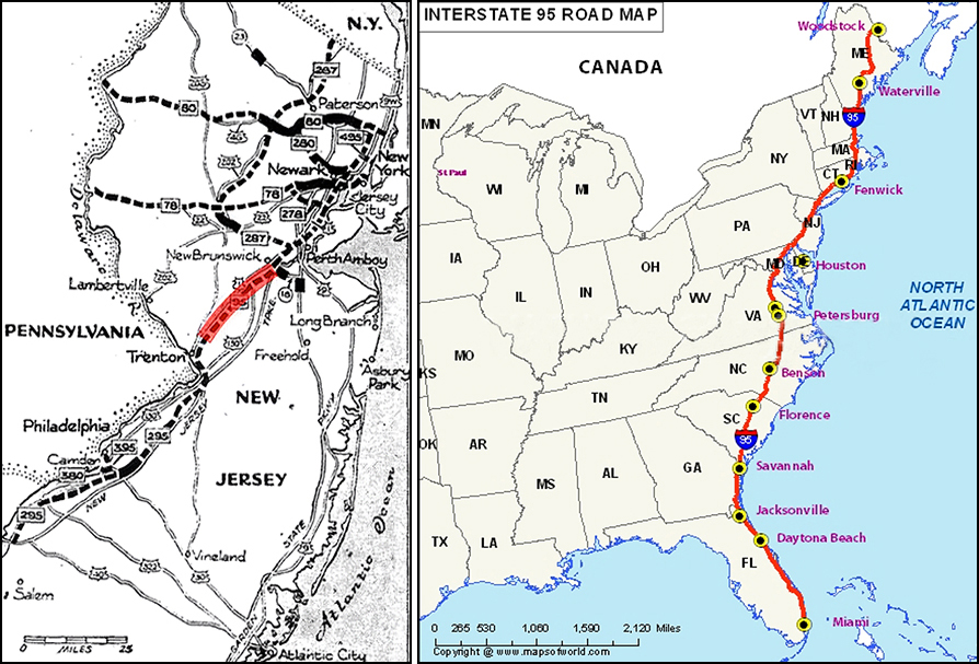 Maps of I-95, one zoomed in on its passage from New Jersey, and the other showing the full route from the upper to lower East Coast, ending in Florida