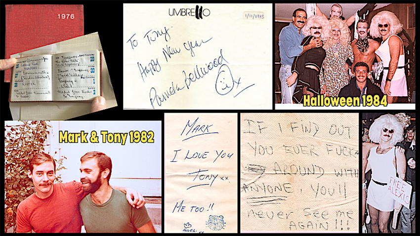 Tony blog image collage 1 with small journal, hand-written notes, and photos of Mark and Tony and group drag Halloween costumes