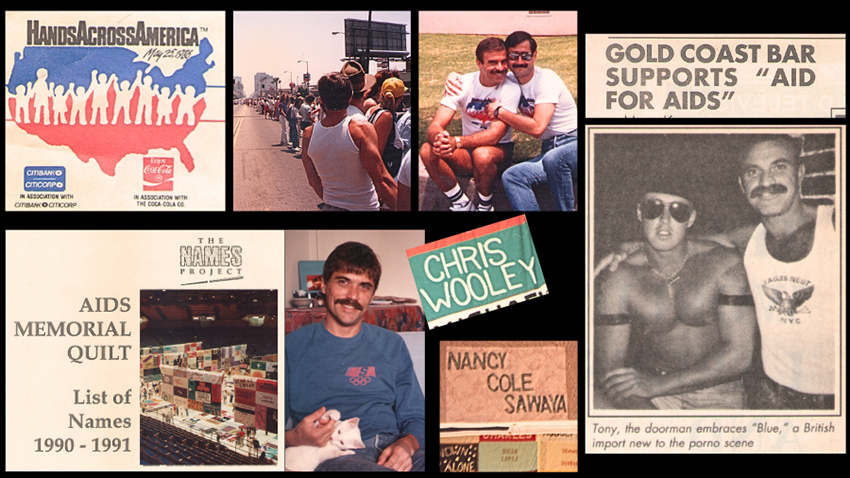 Tony blog image collage 3 with newspaper snippets about Hands Across America, the AIDS Quilt and the Gold Coast Bar, plus photos of friends