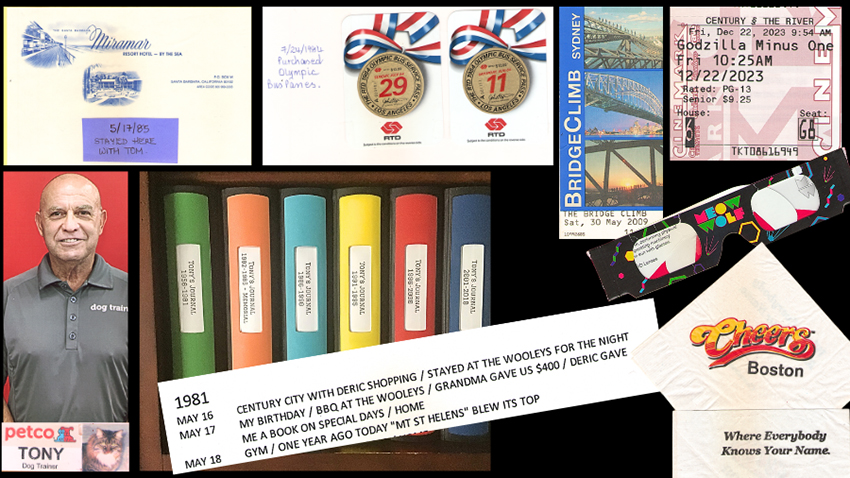 Tony blog image collage 5 with Cheers bar napkin, hotel postcard, movie ticket stub, Meow Wolf 3D glasses, recent Tony photo in Petco shirt