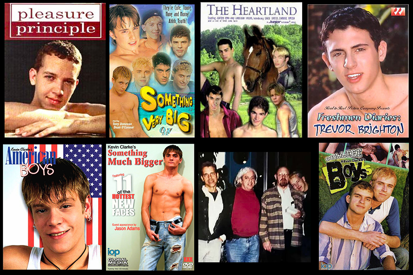 Several box covers of Kevin's movies and a photo of Kevin with Russell Moore and Barry Knight