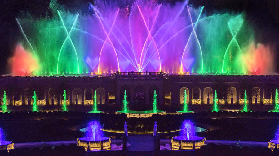 Brightly lit fountains of Pennsylvania's Longwood Gardens.