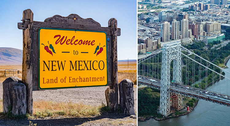 Welcome to New Mexico road sign with desert backdrop and aerial shot of NYC's George Washington Bridge