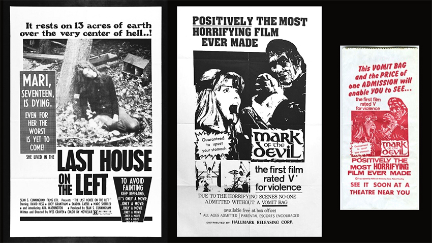 Original Movie posters Last House on the Left & Mark of the Devil & the vomit bag passed out at theaters