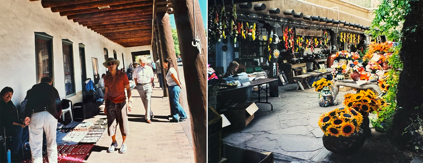 Alan at a Plaza market and bright sunlit Plaza with flowers