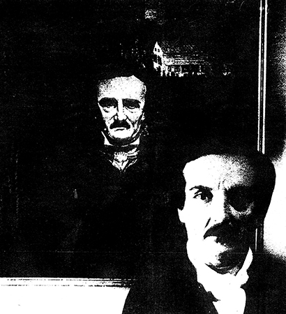 Peter de Rome in front of a portrait of his look-alike, Edgar Allen Poe