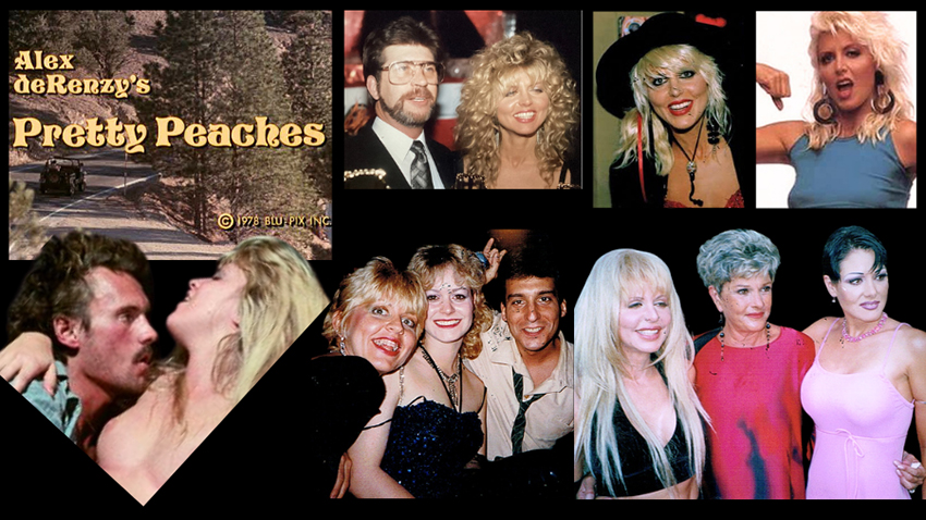 Pretty Peaches title still and Sharon Kane with co-star, Sharon Kane posing with a bearded man at an awards show, other posed photos of Kane solo and with two pairs of people