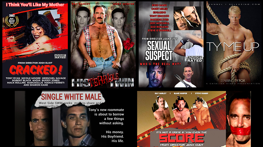Box covers of Josh Eliot's movies Cracked, His Terrible Twin, Sexual Suspect, Ty Me Up, Single White Male, and Score