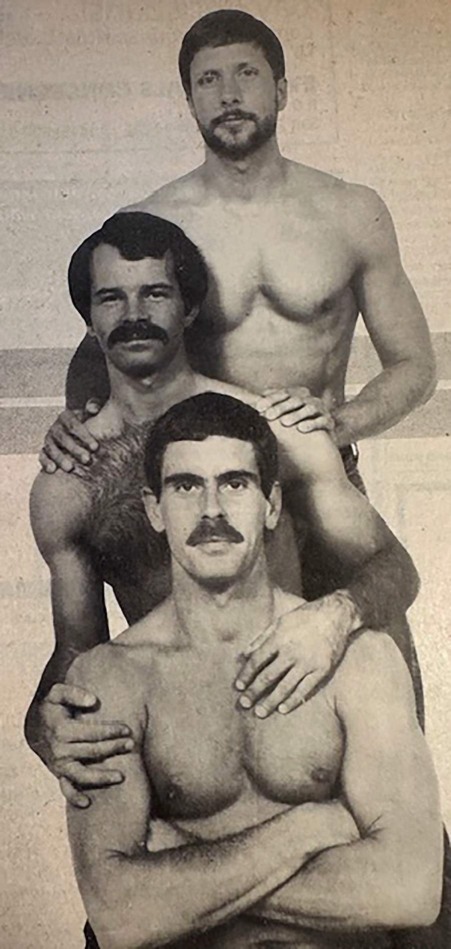 Will and two other shirtless men in an ad for a '70s San Francisco gym