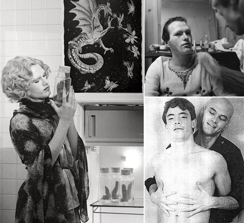 Christopher Rage as Arachne (and getting into makeup) in Drive (1974); Rage in his more familiar look, with model Danie Connors in Street Kids (1983)