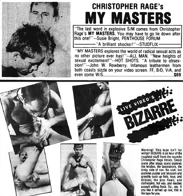 Newspaper ads for Christopher Rage-directed Live Video productions My Masters and Bizarre