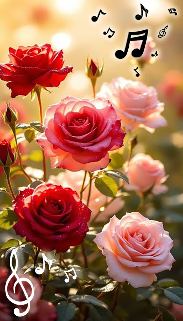 Red and orange roses in a garden with musical notes